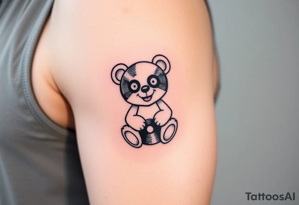 minimalist teddy bear with vinyl records as eyes smiling and sitting on a record tattoo idea