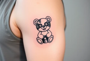 minimalist teddy bear with vinyl records as eyes smiling and sitting on a record tattoo idea