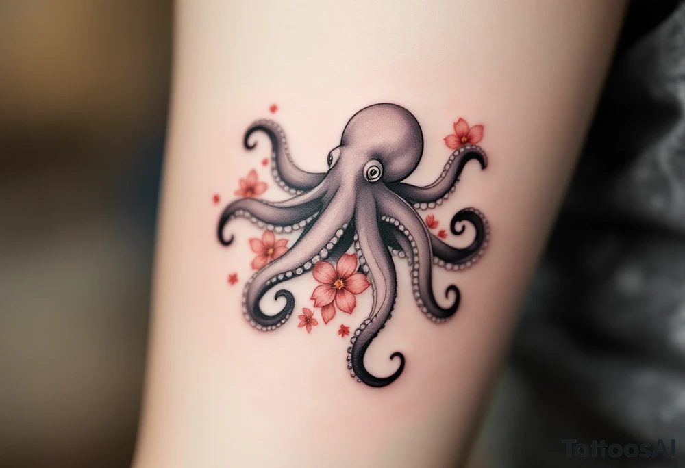 A small realistic black and grey tattoo of an octopus, cute, with detailed shading and soft linework, showing the octopus with swirling tentacles, on light skin. ornamental flowers around with red ink. The style is minimalistic and elegant, resembling fine-line tattoo with a shadow tattoo idea