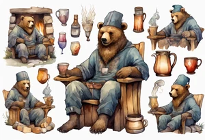 a bear-human hybrid with a long beard wearing a tunic and Phrygian cap, sitting in a chair by a hearth, drinking from a wooden mug, smiling, drunk, reed cheeks tattoo idea