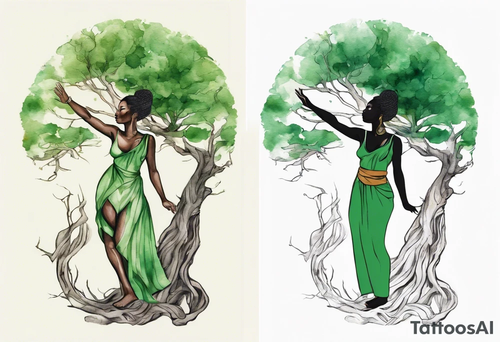 a tree trunk with roots that is a beautiful black woman from the waist up, arms reaching up to the sun, wearing a green tunic tattoo idea