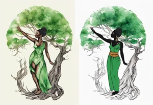 a tree trunk with roots that is a beautiful black woman from the waist up, arms reaching up to the sun, wearing a green tunic tattoo idea