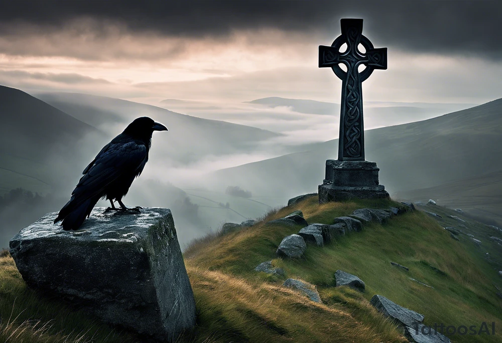 A stone Celtic cross solemnly standing atop a hill, a raven perches atop the cross staring out over the desolation. A ruined stone wall lies crumbling near the cross. Mist rolls along the hilltops adding to the melancholic nature of the scene tattoo idea