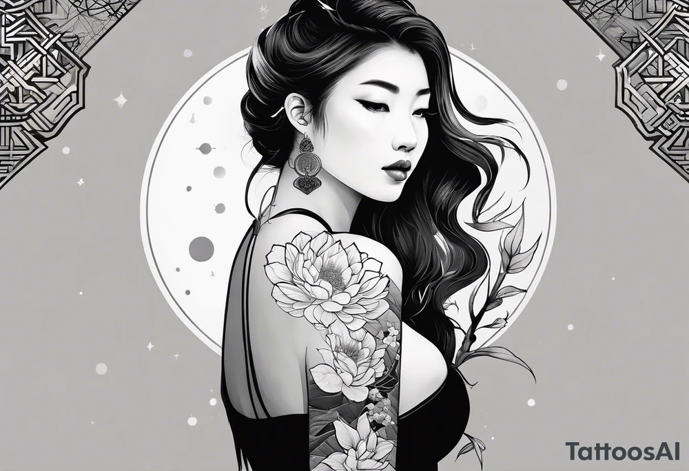 Very asymmetrical, +geometric pattern, with realistic full moon, with serious looking hippo, +zen feel, + Buddhism touch, +tribal, +geometric, +chinese inkart 
with wintersweet flower bud, +portrait orientation, +inkart touch, tattoo idea