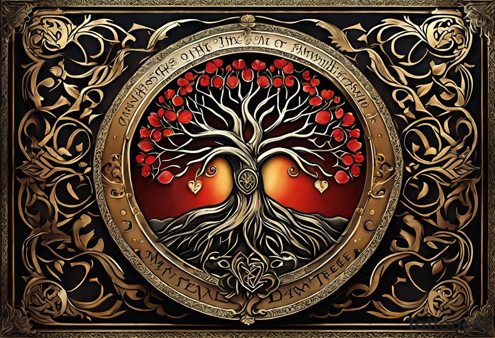 The tattoo should have a family tree where the date of birth of my children can be seen. There are supposed to be several swords over this family tree like the Damaglos, which is supposed to show attacks on my family. A symbol that shows the protection and strength of us would also be good. The death of my mother in 2018 should also be found tattoo idea