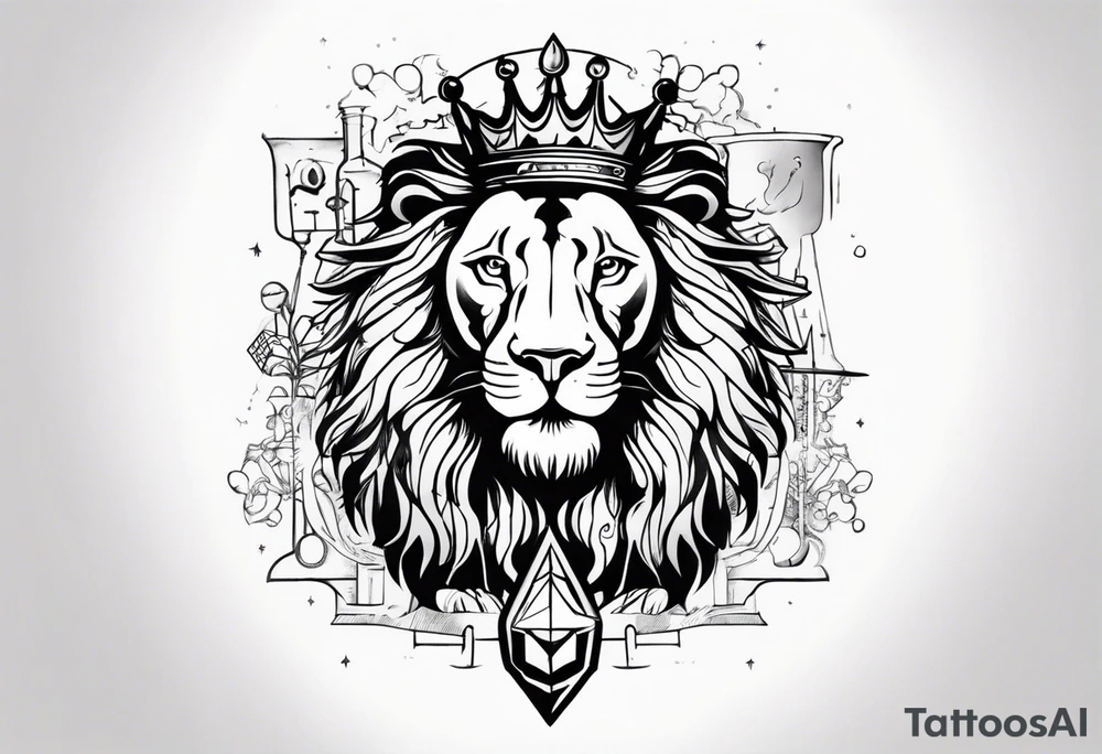 chemistry formula combined with a sword and a lion wearing a crown tattoo idea