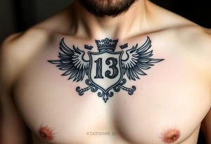 powerful majestic Irish family crest with the number 13, the toledo mud hens, demonic and midevel features incorporated into a intricate chest tattoo on a man tattoo idea