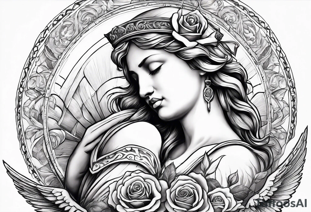 Praying Angel, with a Roman warrior looking up behind it, sun beams and rose at the bottom tattoo idea