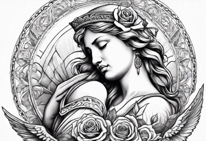 Praying Angel, with a Roman warrior looking up behind it, sun beams and rose at the bottom tattoo idea