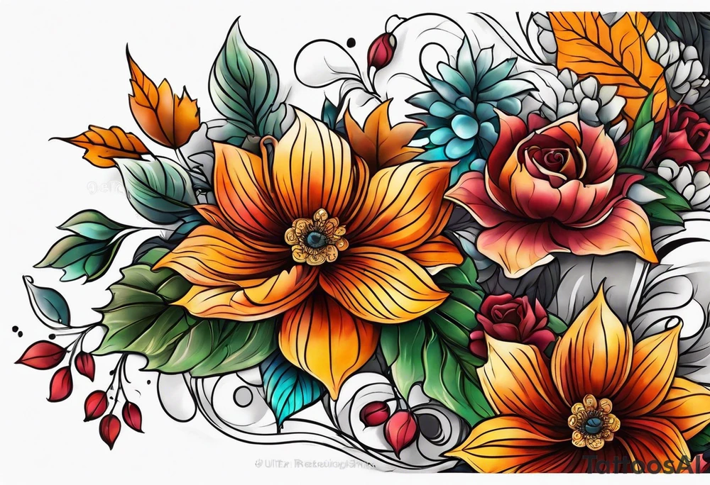 Full arm sleeve with fall colors, flowers, water, leaves and various shapes tattoo idea