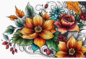 Full arm sleeve with fall colors, flowers, water, leaves and various shapes tattoo idea