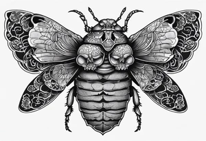 Cicada stippled and shaded with human skulls on top and bottom tattoo idea