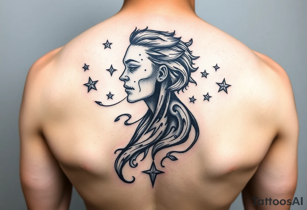 powerful black long human with stars tattoo idea