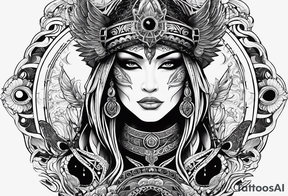 black kali, goddess pirate, alien, pachamama, valkrye, warrior, skull, lotus azul, wing, eagle, zenza resonance, stars, 5D tattoo idea