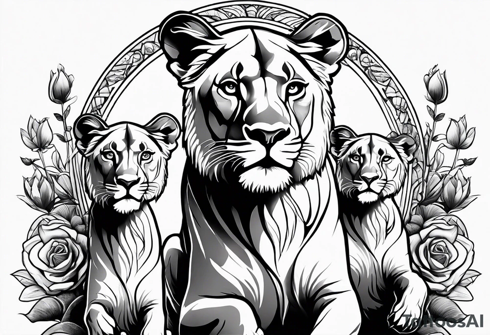 Lioness on her hind legs
protecting her two cubs tattoo idea
