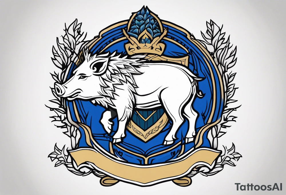 A classic tribal Celtic boar Integrated with a Chatwin, family crest and a Thistle. Simple with few lines. Blue and gold Chevron Chatwin family crest With the name, Chatwin and a Thistle tattoo idea