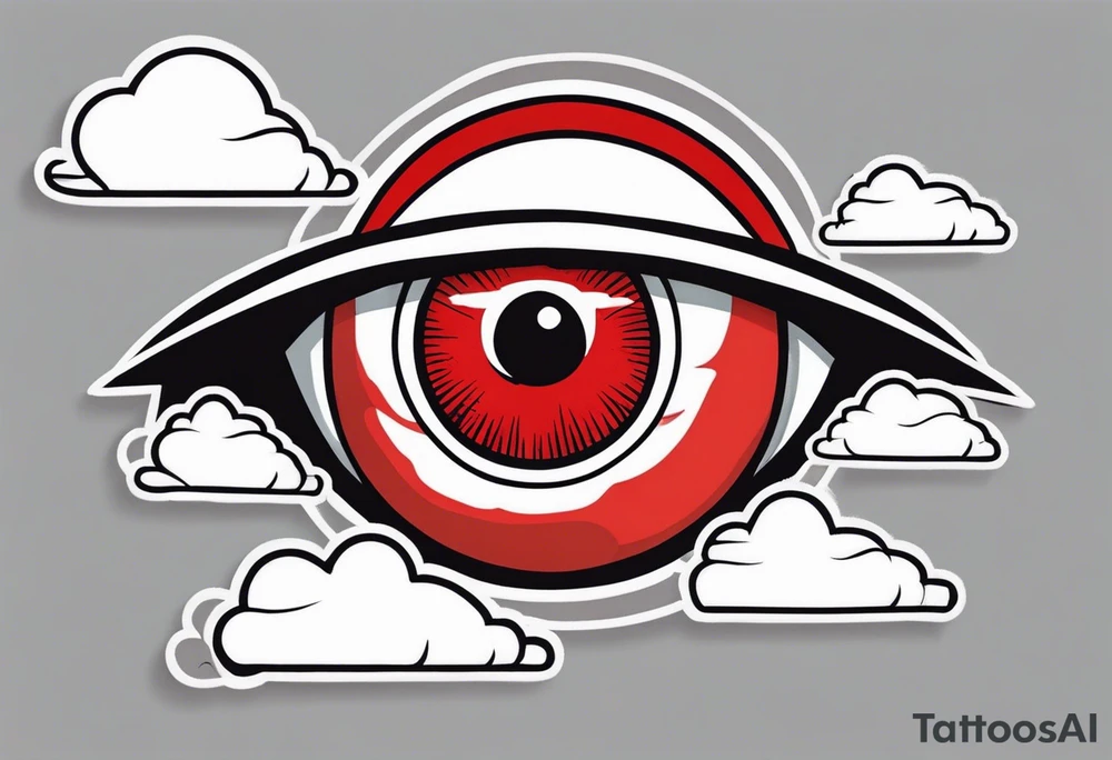 American traditional simple eyeball in dark stormy clouds with red lightning coming from the clouds tattoo idea