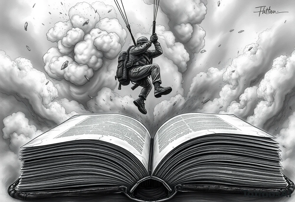 “A parachuting soldier descending from a storm-torn sky, smoke, embers and debris swirling around; the soldier is in mid-air, detailed gear (helmet, boots, rifle slung over shoulder), just about to land into an open, aged book with weathered pages spread wide. The book is large, ancient leather bound, its pages fluttering, cracks or tears on edges. The scene is dramatic, surreal: perspective from low so you see the book in foreground, sky above dark and chaotic, contrast between harsh sky and the calm, almost sacred book. Style: high-contrast black & grey with some muted earth tones and a single vivid accent colour (e.g. red). Fine line work, slightly realistic with stylised surreal elements; shadows deep; textures of leather, cloth, smoke detailed.” tattoo idea