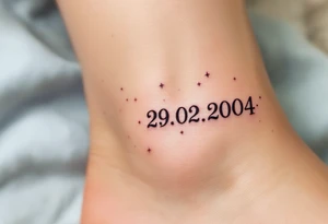 Hand-drawn date 29.02.2004 in a faded graphite tone with small stars scattered around it. tattoo idea