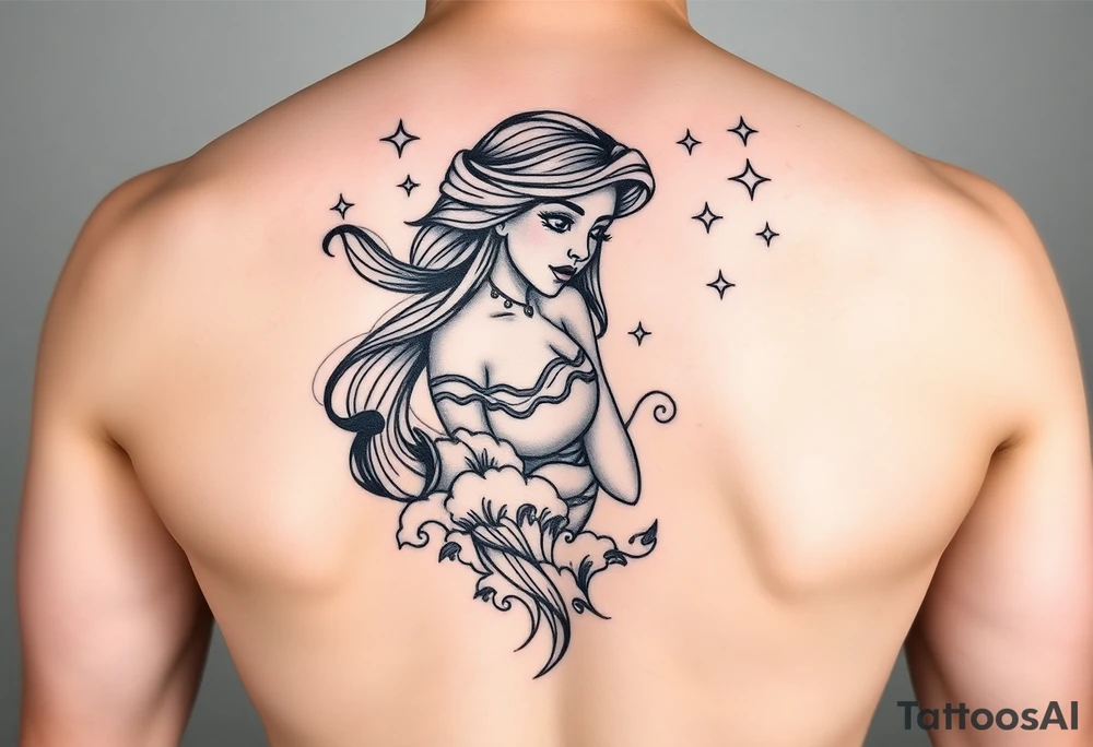 Jasmine on inner four arm with waves and stars in the background tattoo idea
