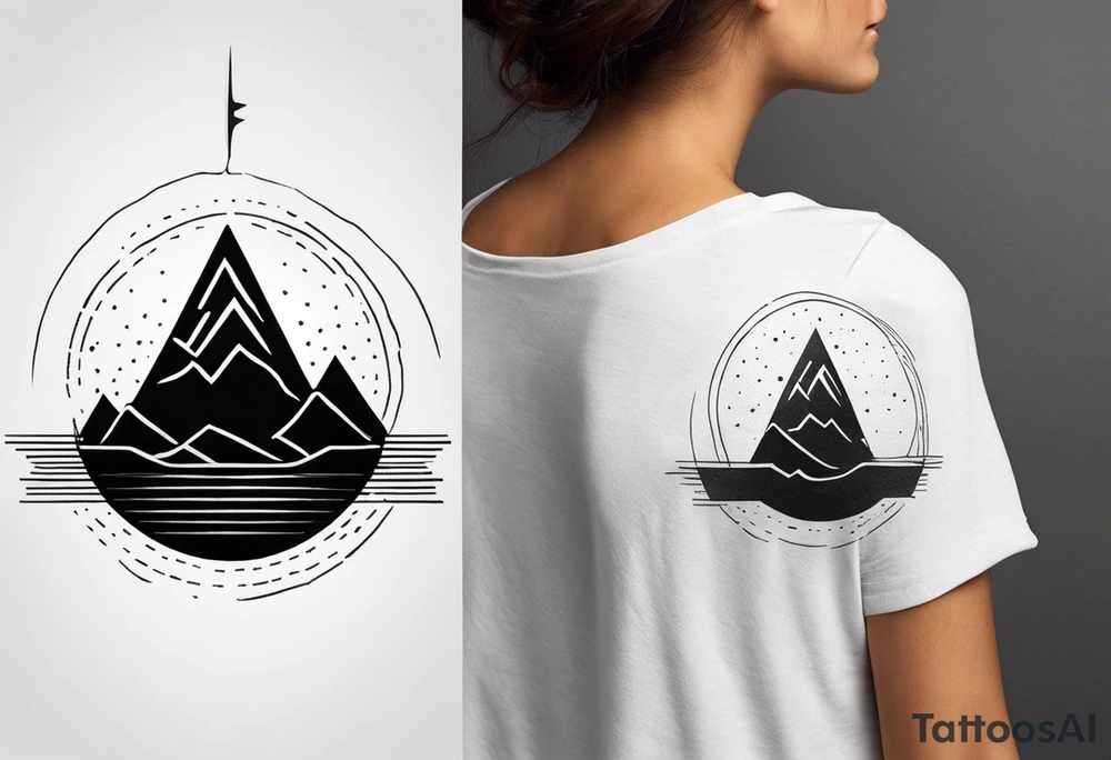Create a tattoo in a minimalistic style, including a vertical line symbolizing a path or journey. The design should include the following elements: the image of a fir tree at the top, the outline of a mountain in the center, and the sun with rays at the bottom. All elements should be done in black outlines without filling, creating a clean and elegant image. tattoo idea
