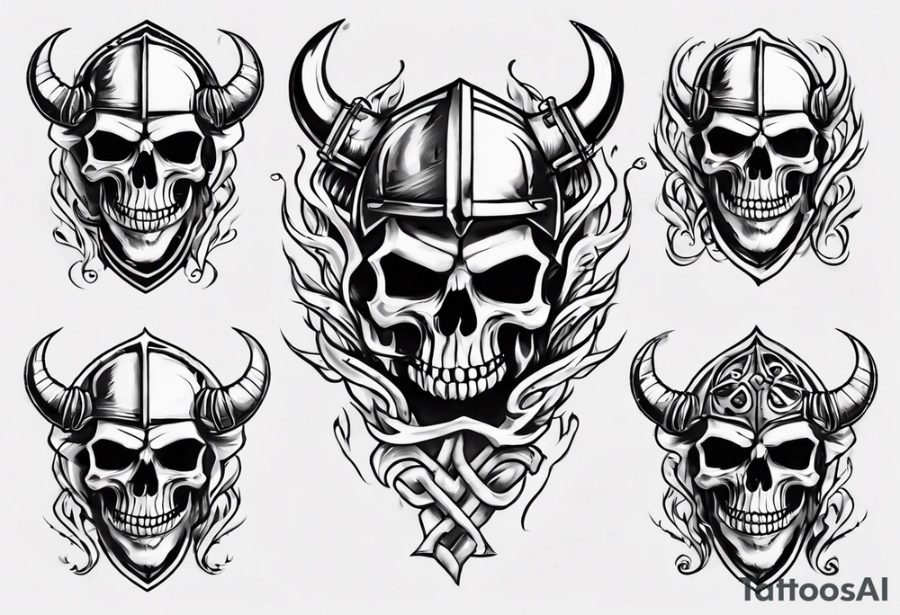 Create a tattoo design of my company called “Viking Customs” i want the name in the tattoo with a skeleton riding a motorcycle into the distance with flames tattoo idea
