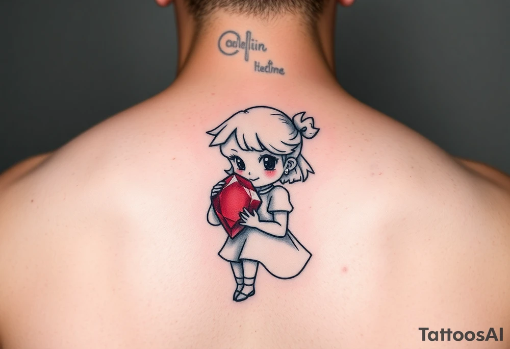 Cartoon style Ruby gem stone being held by a little girl tattoo idea