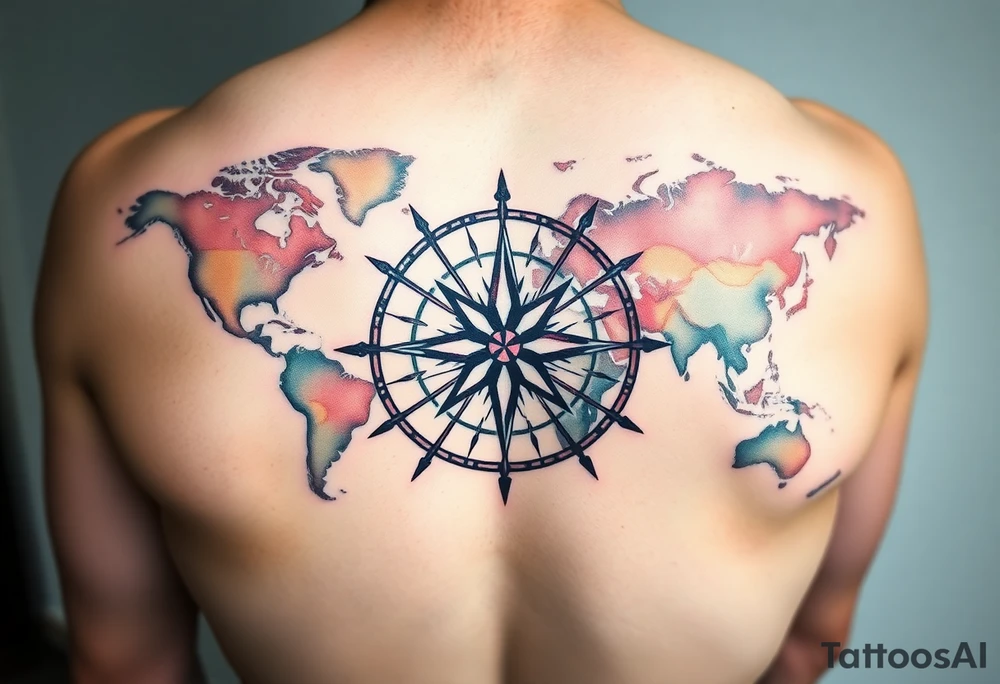 antique compass rose overlaid on weathered world map with sailing ships tattoo idea