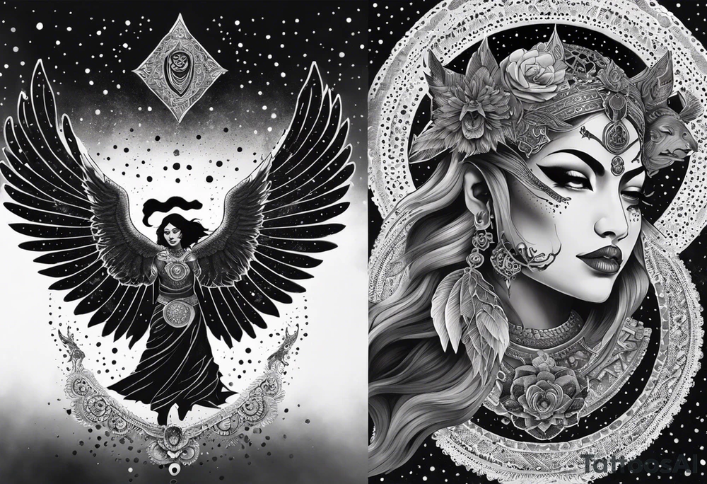 black kali, goddess pirate, alien, angel, pachamama, valkrye, warrior, flying, skull, lotus azul, wing, eagle, zenza resonance, stars, 5D, anahata chakra, death, durga, riding on a tiger, flying lady, kundalini, chest tatoo, samuri, rebel, serpent tattoo idea