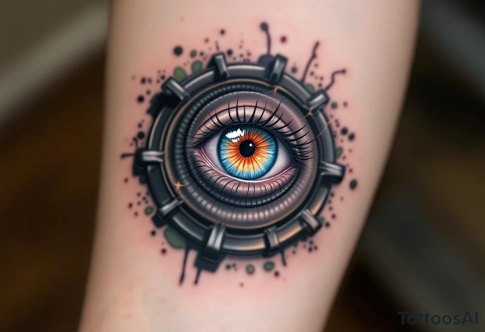 A kitchen knife tattoo features a realistic human eye nestled within the circular burner of a vintage stovetop, with metallic gray coils spiraling outward and the iris glowing a fiery orange-red as if lit from within, framed by subtle steam and tiny food splatters in soft pastel greens and browns for a surreal culinary twist. tattoo idea