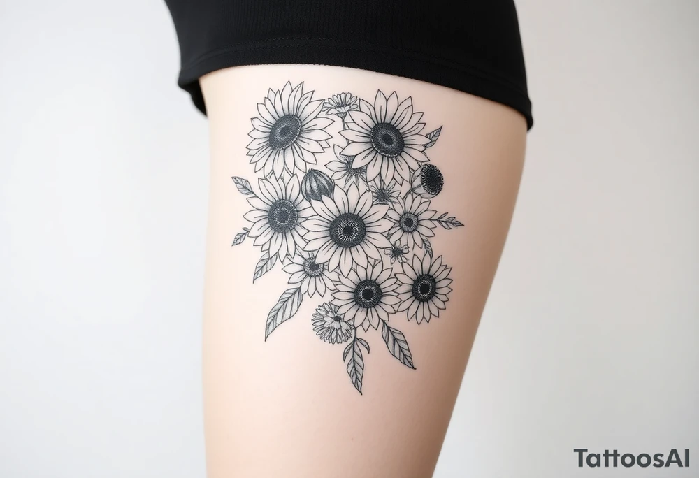 Bouquet of sunflowers, water Lillies, dahlias, marigolds, carnations, hydrangeas, daisys, and chrysanthemums tattoo idea
