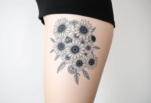 Bouquet of sunflowers, water Lillies, dahlias, marigolds, carnations, hydrangeas, daisys, and chrysanthemums tattoo idea