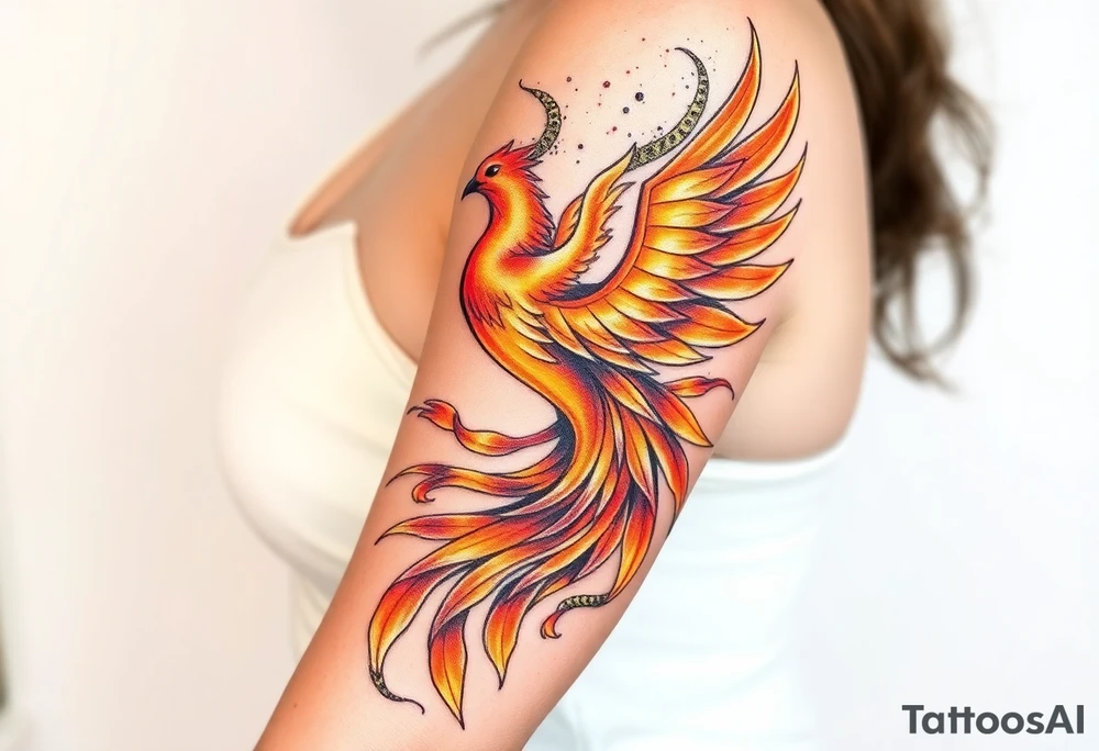 magnificent phoenix rising from golden flames with trailing embers tattoo idea