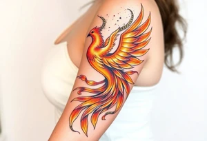 magnificent phoenix rising from golden flames with trailing embers tattoo idea