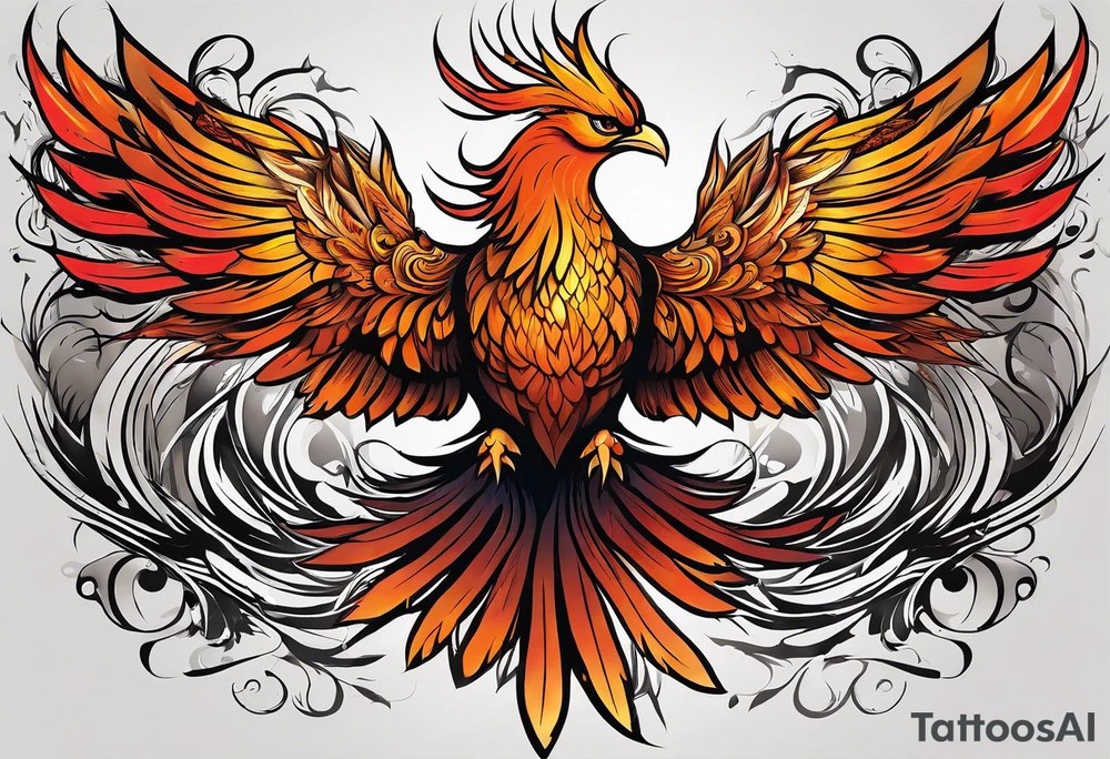 Tattoo: A powerful, majestic phoenix, depicted mid-flight or rising, with wings extended and feathers flowing. Deep shading and intricate details to bring out the texture and motion of the feathers. tattoo idea