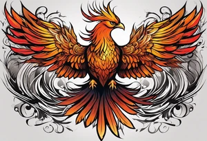 Tattoo: A powerful, majestic phoenix, depicted mid-flight or rising, with wings extended and feathers flowing. Deep shading and intricate details to bring out the texture and motion of the feathers. tattoo idea