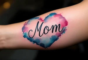 A watercolor heart in pink and blue with the word “Mom” scripted across it in elegant cursive. tattoo idea