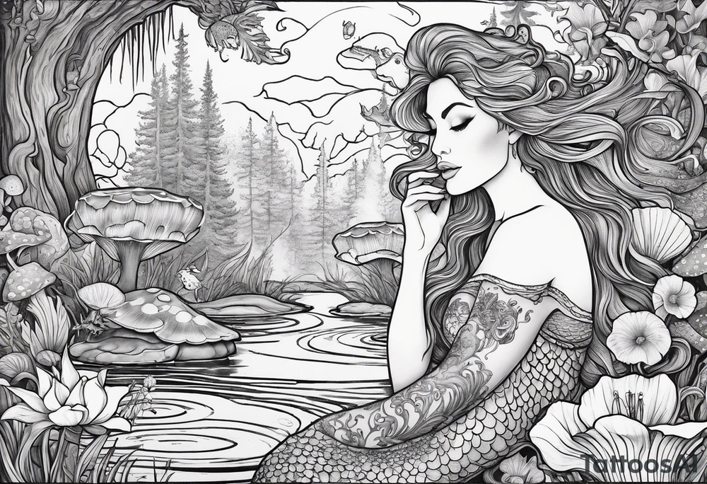 A Mermaid singing in a bayou that has cypress trees, mushrooms, lily pads, frogs, and bugs tattoo idea