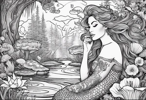 A Mermaid singing in a bayou that has cypress trees, mushrooms, lily pads, frogs, and bugs tattoo idea