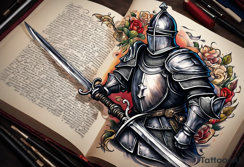 a knight pulling a sword out of an open bible tattoo idea