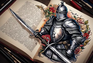 a knight pulling a sword out of an open bible tattoo idea