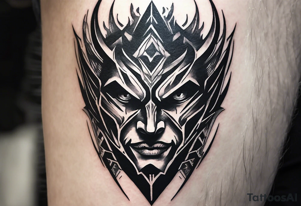 A tattoo designed for the knee, featuring the face of a demon with sharp, exaggerated features and an intense, expressive look. The design includes prominent white spaces for contrast and visual impact. Beams of light radiate outward from the demon’s eyes in a dynamic and dramatic pattern. The overall composition should feel bold and intricate, adapting naturally to the shape of the knee. tattoo idea