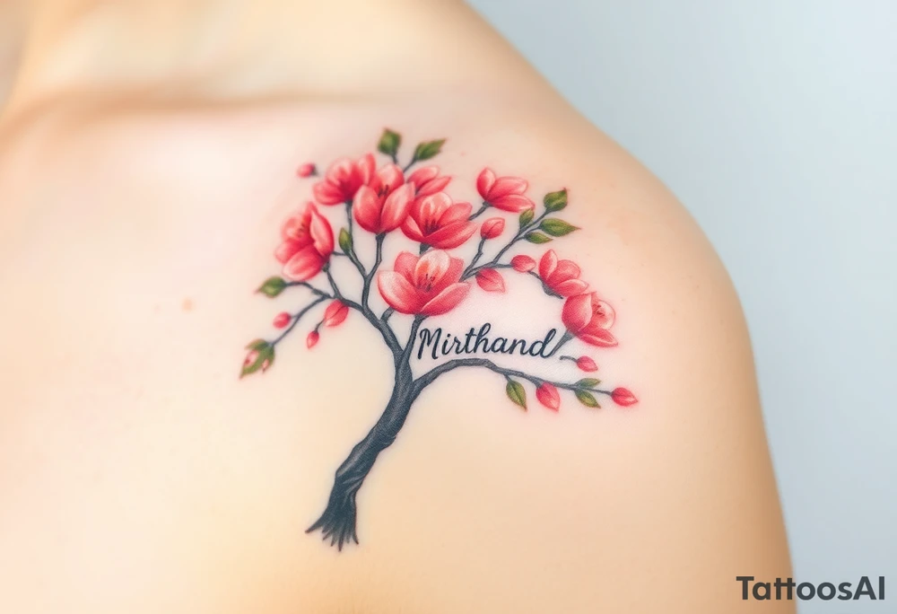 Peach tree with names scripted branches tattoo idea