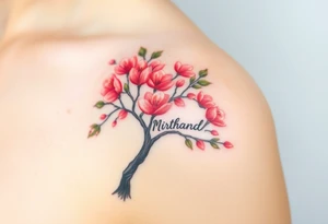 Peach tree with names scripted branches tattoo idea