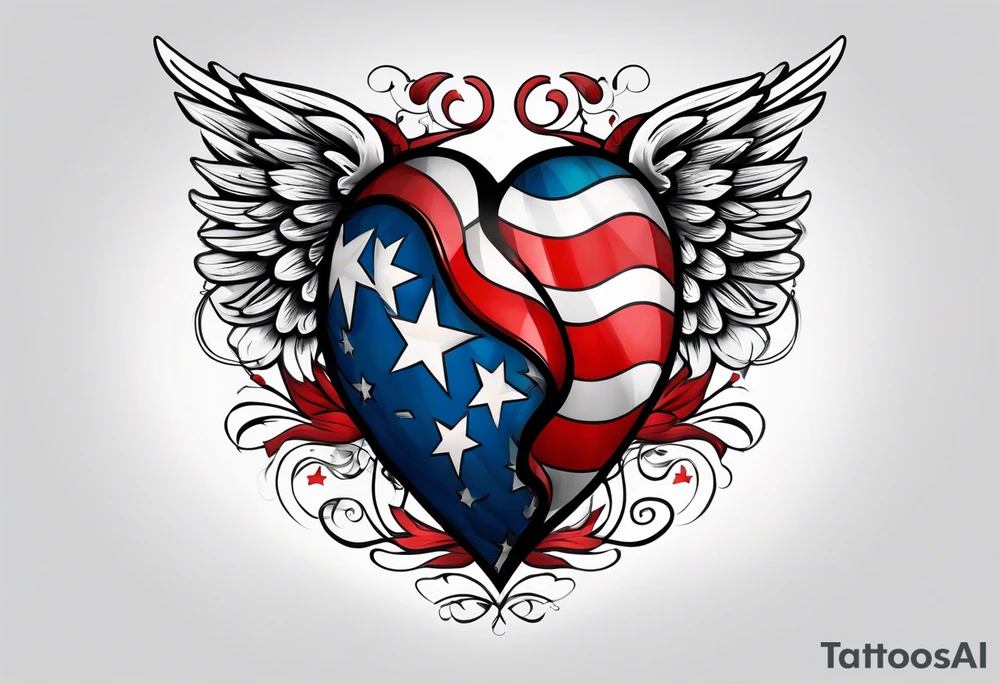 Flag inside of a heart with wings tattoo idea