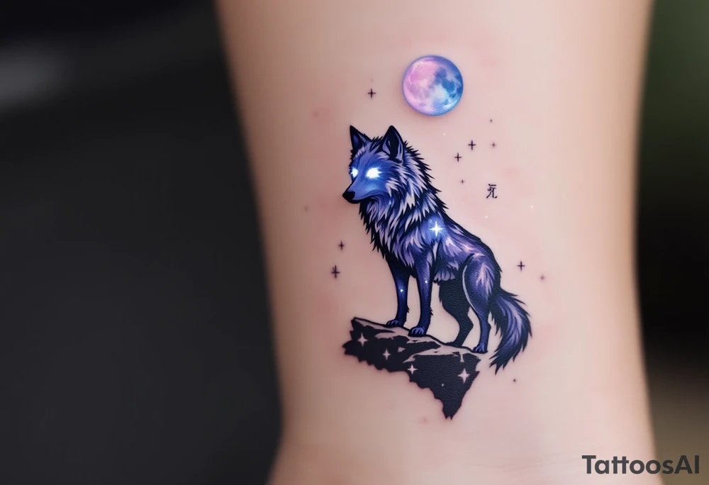 Mystic wolf with glowing white eyes, standing on a cliff under a purple and blue magical moon, surrounded by faint rune symbols. tattoo idea