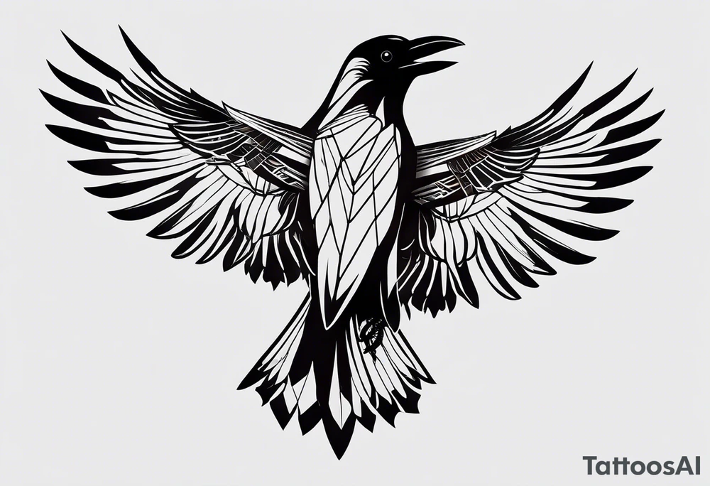 silhouette of a crow with half open wings
every line must be straight
leftside of the body geometric
rightside of the body real tattoo idea
