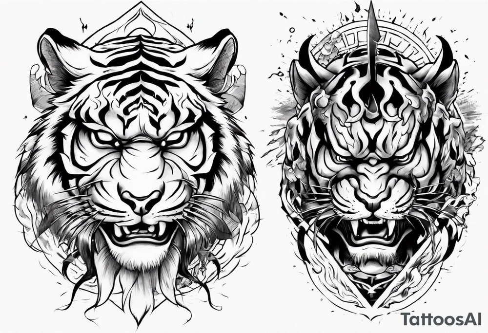 Tiger warrior with lightning and the sun for a forearm sleeve tattoo idea