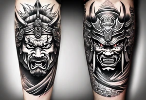 samurai and oni mask leg sleeve tattoo idea