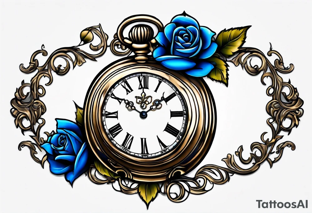 Pocket watch with blue roses tattoo idea